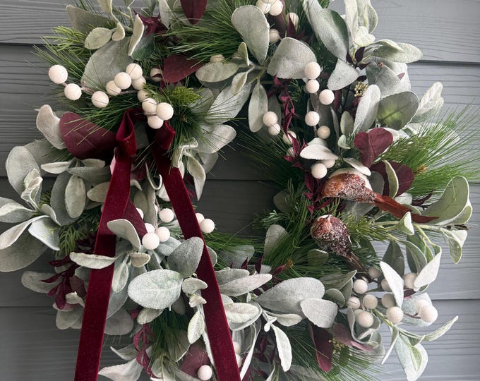 Lambs Ear and Evergreen Wreath With Birds Door Hanger Wreath Woodland ...