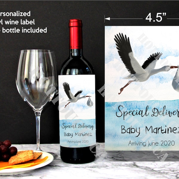 Étiquette de vin personnalisée,Annonce de grossesse,Cigogne portant bébé,cadeau de révélation de bébé,Étiquette de bouteille de vin,Livraison spéciale,annonce de bébé BB-STK-1
