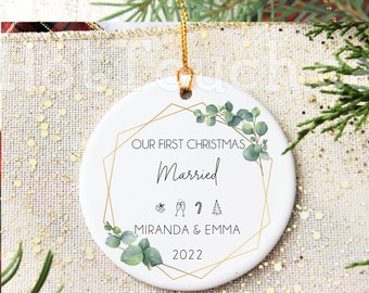 Our First Christmas Married with Date, Couple ornament, Ceramic Christmas Ornament, Wedding gift,Couples Gift, Married ornament XS-ORN-009