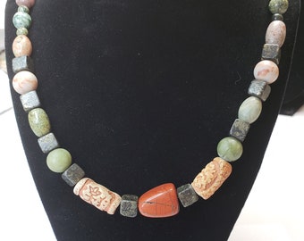 Collar: Red Jasper Focal, Rainforest Jasper, Beads, Bone Beads