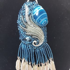 Pendant: Dragon Vein Agate, Silver Accents, blue beads, tassels, Silver chain