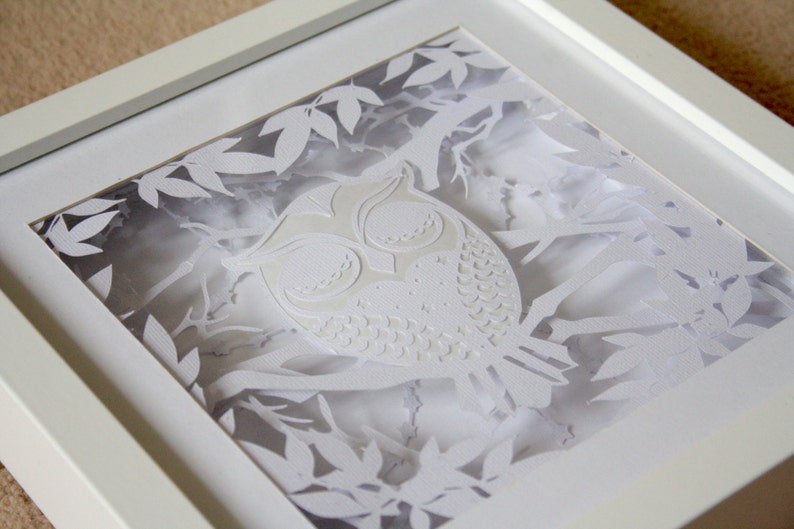 Layered sleepy owl papercut 3D Frame and Nightlight for Baby nursery or toddler room perfect gift