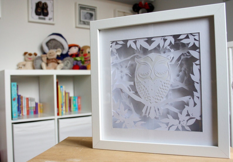 Layered sleepy owl papercut 3D Frame and Nightlight for Baby nursery or toddler room perfect gift