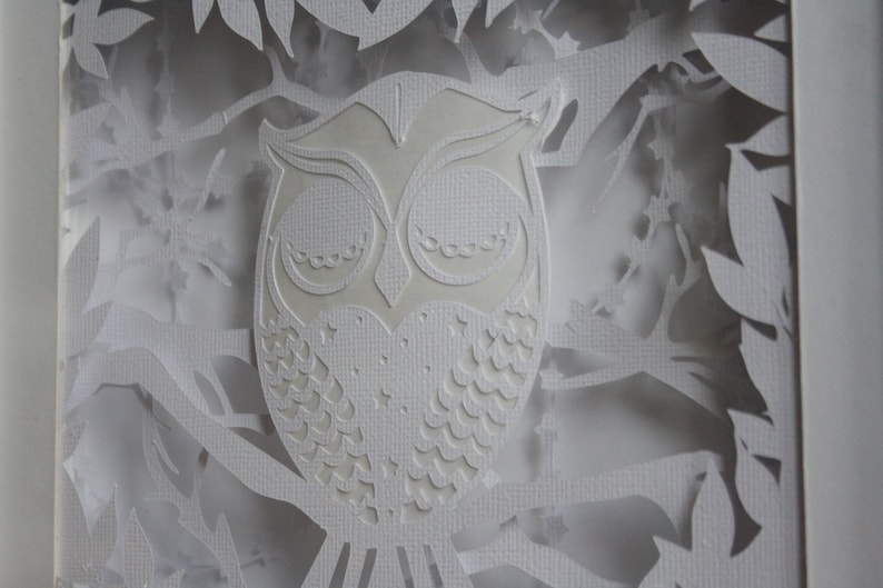 Layered sleepy owl papercut 3D Frame and Nightlight for Baby nursery or toddler room perfect gift