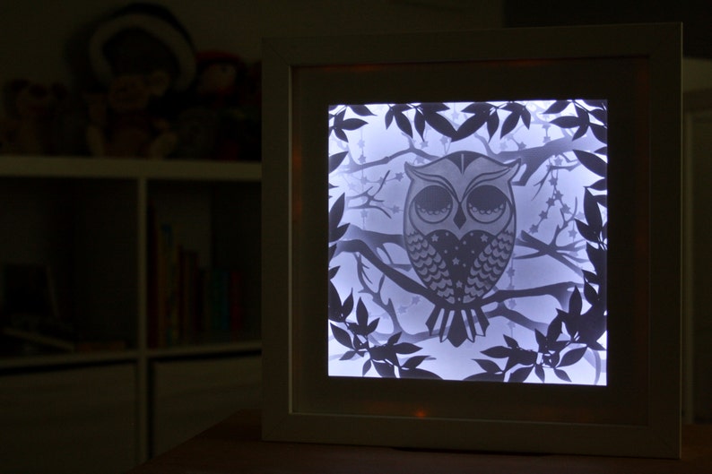 Layered sleepy owl papercut 3D Frame and Nightlight for Baby nursery or toddler room perfect gift