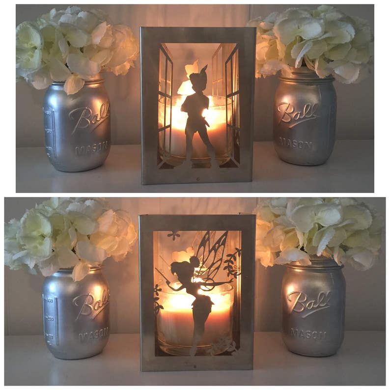 Peter Pan and Tinkerbell metal candle holder, Lantern, Centerpiece,Disney Home decor, Utensil holder, Disney Gift image 1