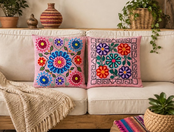 Set of 2 Hand-Embroidered Peruvian Pillowscase only | Artisan Decor