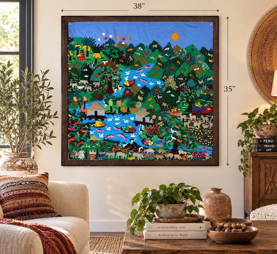 3D Peruvian Arpillera Rainforest Wall Art, Handmade Amazon Jungle Textile, Dimensional Folk Art Tapestry, 38 x 35 in