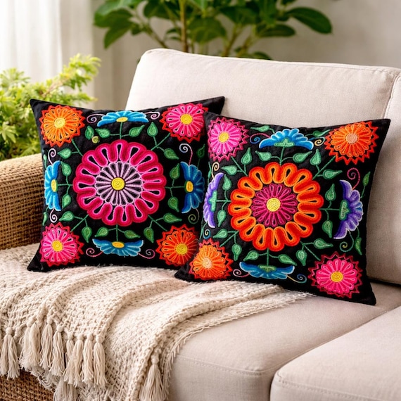 Set of 2 Hand-Embroidered Peruvian Pillowscase only | Artisan Decor