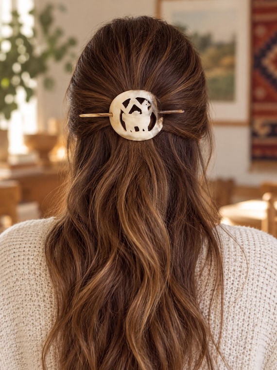 Handcrafted Cow Horn Hair Clip with Charming Llama Accent
