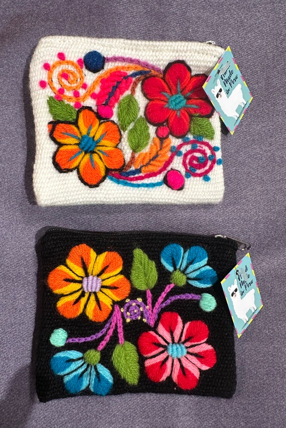 Boho Style Handmade Embroidered Alpaca Wool Coin Purse with Colorful Floral Design - 4x4 inches