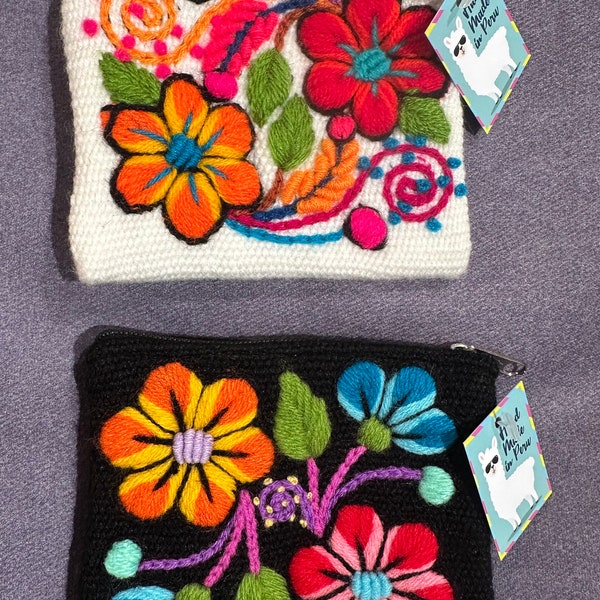 Boho Style Handmade Embroidered Alpaca Wool Coin Purse with Colorful Floral Design - 4x4 inches