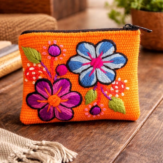 Boho Style Handmade Embroidered Alpaca Wool Coin Purse with Colorful Floral Design - 4x4 inches