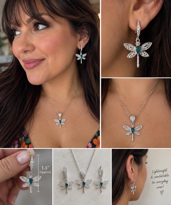 Peruvian Dragonfly Jewelry Set, 925 Sterling Silver Filigree Necklace & Earrings, Chrysocolla