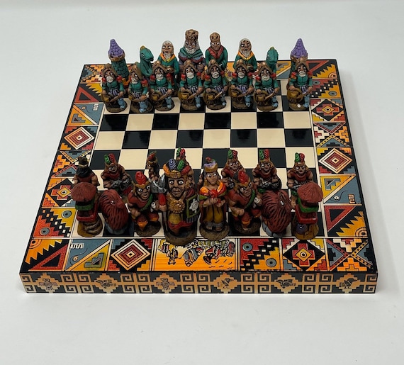 Exquisite Handmade Peruvian Inca vs Spanish Wooden Chess Set - Unique Artisanal Craftsmanship