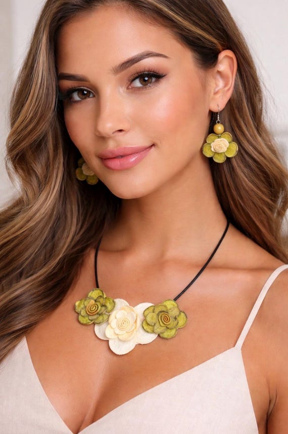 Handmade Peruvian Jewelry Set | Eco-Friendly Orange Peel Necklace & Earrings | Sustainable “Vegan Leather” Design