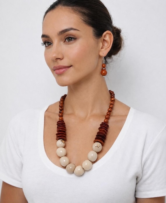Organic Tagua Nut Jewelry Set: Elegant Ivory and Brown Exotic Beauty