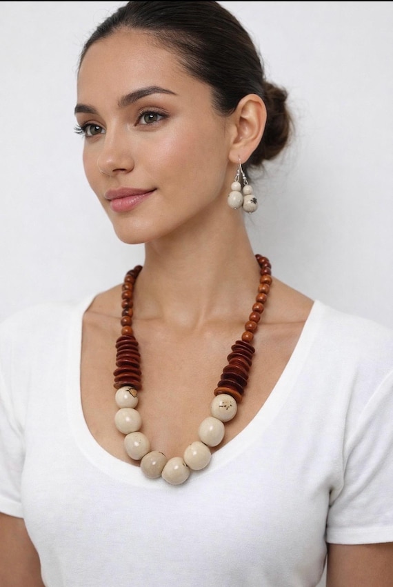 Organic Tagua Nut Jewelry Set: Elegant Ivory and Brown Exotic Beauty