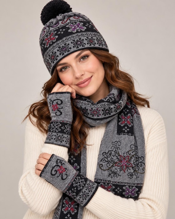 Reversible Alpaca Wool Beanie, Scarf, and Gloves Set for Cozy Comfort