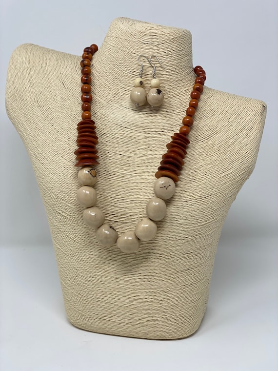 Organic Tagua Nut Jewelry Set: Elegant Ivory and Brown Exotic Beauty