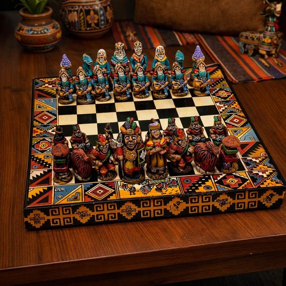 Exquisite Handmade Peruvian Inca vs Spanish Wooden Chess Set - Unique Artisanal Craftsmanship
