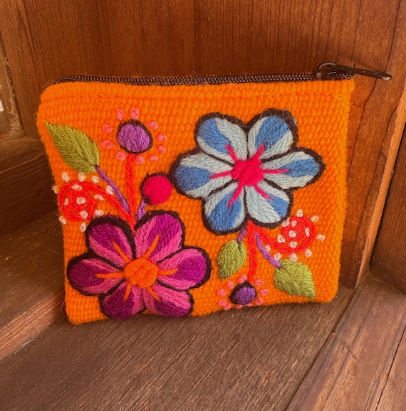 Boho Style Handmade Embroidered Alpaca Wool Coin Purse with Colorful Floral Design - 4x4 inches