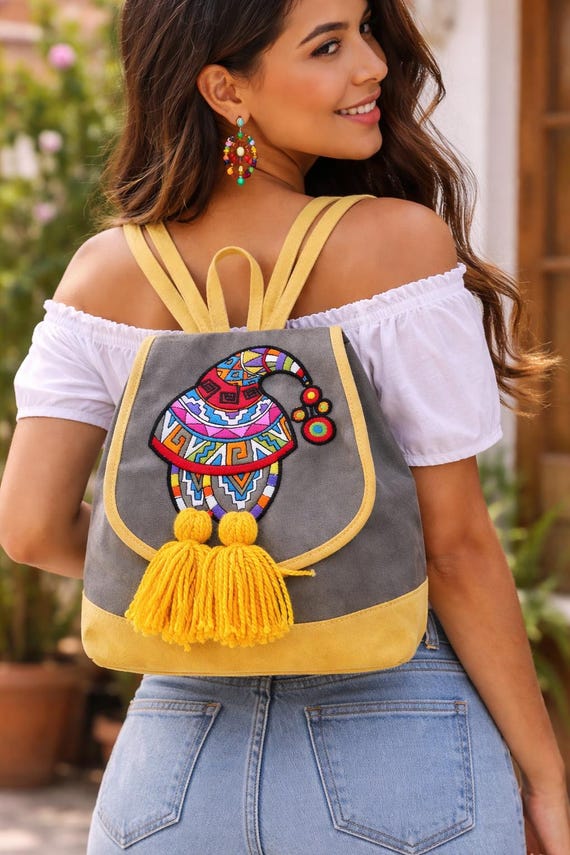 Handmade Peruvian Suede Backpack | Colorful Embroidered Andean Design with Tassels | Artisan Boho Bag