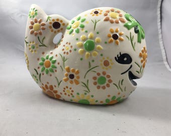 Vintage 1971 Cute Ceramic Floral Print Whale Potpourri Sachet Holder