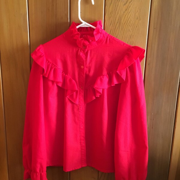Vintage Polyester Bright Red Ruffle Yoke and Collar Button Down Shirt Vintage Size 13/14