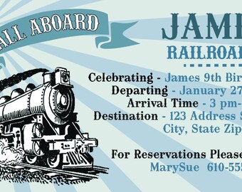 Rail Road Train Ticket Birthday Party Invitation Blue