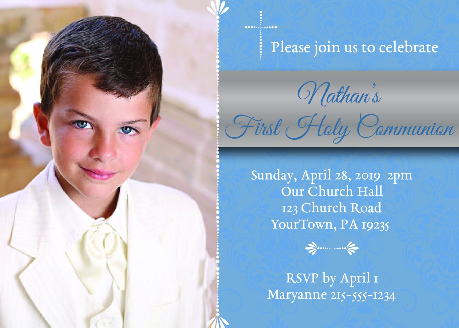 First Holy Communion Invitation Personalized With Photo Blue Etsy