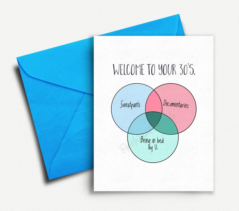 May include: A greeting card with a Venn diagram showing the overlap between sweatpants, documentaries, and being in bed by 11. The text "Welcome to your 30's" is at the top of the card.