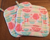 TWO Pink Pyrex Print Potholders New Handmade Vintage Print Gooseberry Memorabilia Kitchen Linens Retro Fabric