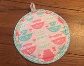 Pink Pyrex Potholder NEW Handmade Vintage Print Fabric Gooseberry Quilted Potholder Pots and Pans Kitchen Linens Hotpad Round