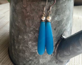 Ocean Blue Seaglass & Pearl Teardrop Earrings