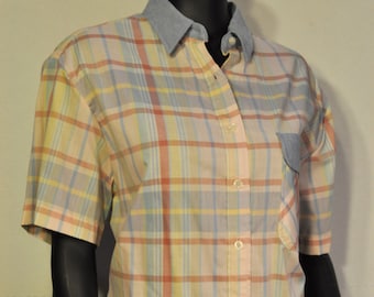 Womens Vintage Pastel Plaid Button-Down