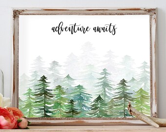 Adventure Print, Adventure Awaits Print, Wilderness Decor, Evergreen, Nature Print, Watercolor Trees Print, Forest Print, Nursery Wilderness