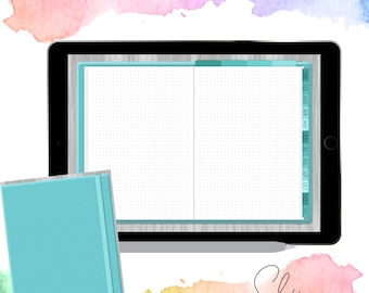 May include: A digital bullet journal app on a tablet screen with a light blue cover. The journal has a dotted grid layout and a monthly calendar on the right side. The text "BLANK DIGITAL BULLET JOURNAL" is at the top of the screen. The text "Sky" is at the bottom of the screen.