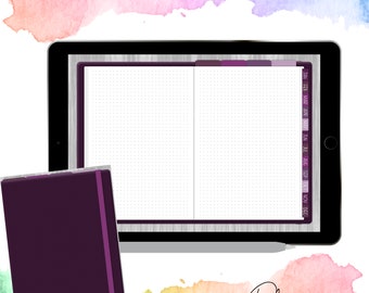May include: A digital bullet journal template with a plum colored cover. The template is displayed on a tablet screen and features a dotted grid layout with a monthly calendar on the right side. The template is designed for use with a stylus.