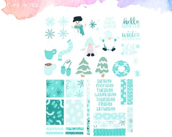 May include: A set of digital stickers featuring winter-themed illustrations, including a snowman, a gnome, a mug of hot chocolate, mittens, a wreath, and a variety of patterns. The text "First Day of Winter", "Hello Winter Wonderland", and "Let it Snow" are also included.