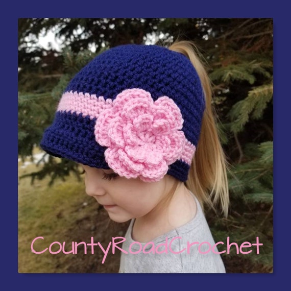 Crochet childs bun beanie ponytail winter hat linen off white cream kids girls with detachable hair bow