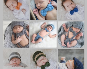 Newborn Boy Photo Prop Photography Props Baby Boy Pictures Outfit Baby Shower Gift Newsboy Hat Bow Tie Suspenders Crochet Photo Prop