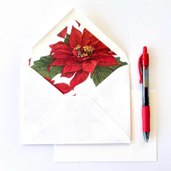 Poinsettia Lined Envelope Set, Christmas Card/Letter Set, Holiday Stationery, Classic Botanical Stationery, Notecard Set, Fine Stationery