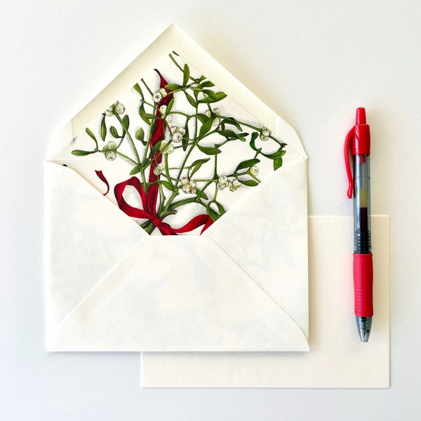 Mistletoe Lined Envelope Set, Christmas Card/Letter Set, New Year's Correspondence Set, Holiday Stationery, Classic Botanical Stationery