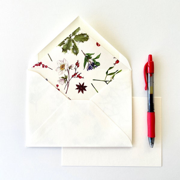 Winter Garden Lined Envelope Set, Christmas Writing Set, Holiday Stationery, Festive Correspondence Set, Classic Botanical Stationery