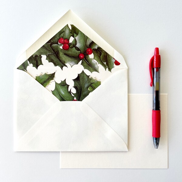 Holly Lined Envelope Set, Christmas Writing Set, Holiday Stationery, Festive Correspondence Set, Classic Botanical Stationery