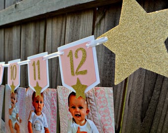 Twinkle Twinkle Little Star First Birthday Photo Banner.  Twinkle Twinkle Little Star Birthday Decorations. 12 Month Photo Banner.