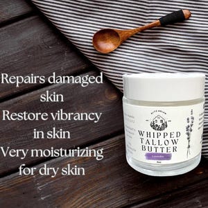 Lavender, Whipped All Natural Tallow from Grass-Fed Beef • Zero: Dyes, Fragrance, Additives, Hormones, GMOs • 4oz