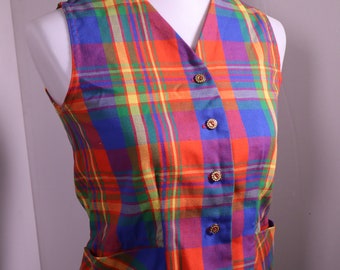 Regenbogen kariertes VINTAGE 1970er Jahre Fashioned by PLAYMORE Button-up ärmelloses Top Weste Damen Größe 12 Small