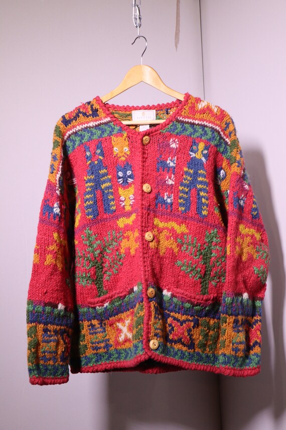 Vintage 90s Y2K Vintage 100% WOOL Rainbow Knit Cat